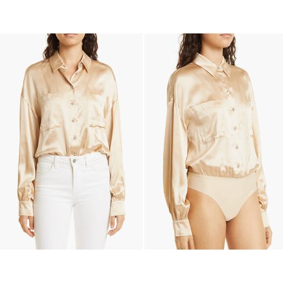 CAMI NYC Belkis Silk Charmeuse Shirt Bodysuit XL Beige Nude - Picture 1 of 7